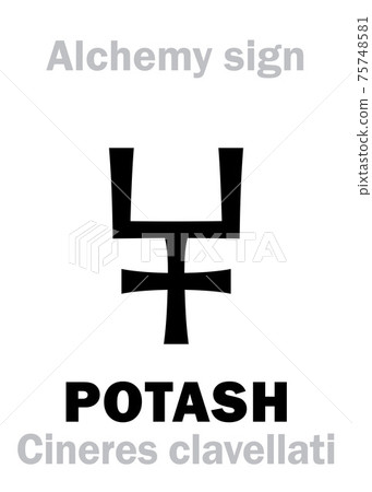 Alchemy Alphabet: POTASH / POT ASHES (Cineres clavellati), Wood ash; Salt of wormwood (Sal absinthii); Salt of Potassium (Sal alcali), alkaline compound. Potassium carbonate: Chemical formula=[K2CO3]. 75748581