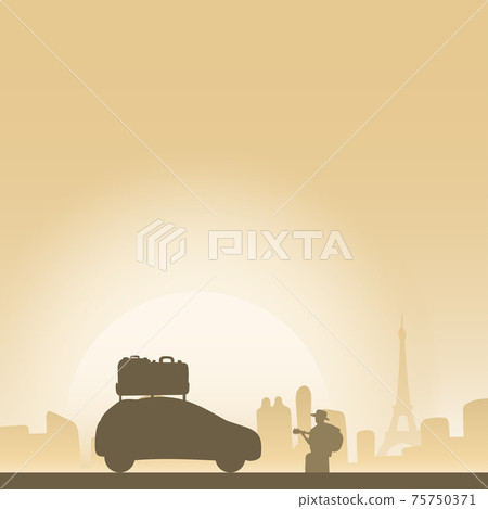 man with hat playing guiter and car with lugguage with Eifel tower in cityscape yellow gradient shade background illustration vector 75750371