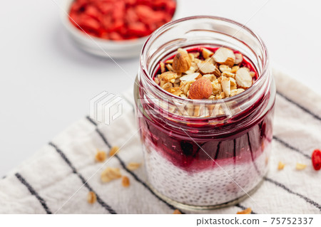 Breakfast chia pudding served in a jar 75752337