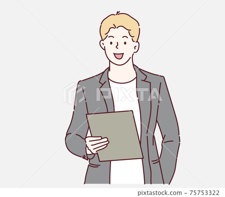 Handsome business man checklist on the clipboard. Hand drawn in thin line style, vector illustrations. Handsome business man checklist on the clipboard. Hand drawn in thin line style, vector illustrations. 75753322
