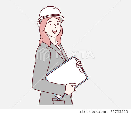 Young engineer woman in hard hat with the document of work. Hand drawn in thin line style, vector illustrations. Young engineer woman in hard hat with the document of work. Hand drawn in thin line style, vector illustrations. 75753323