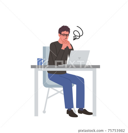 Illustration of a man and a computer holding hands with a troubled expression 75753982