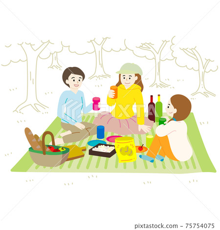 三名婦女在新鮮的綠色聊天的野餐的插圖 75754075
