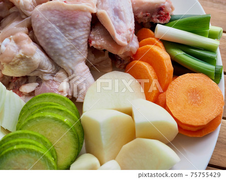 Raw chicken and vegetables, potatoes, carrots, onions, Korean food Dakbokkeumtang ingredients 75755429