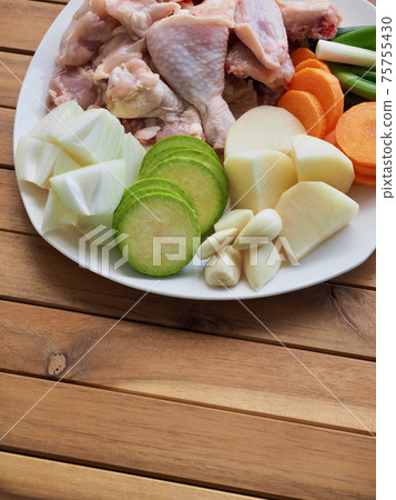 Raw chicken and vegetables, potatoes, carrots, onions, Korean food Dakbokkeumtang ingredients 75755430