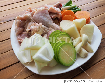 Raw chicken and vegetables, potatoes, carrots, onions, Korean food Dakbokkeumtang ingredients Raw chicken and vegetables, potatoes, carrots, onions, Korean food Dakbokkeumtang ingredients 75755437