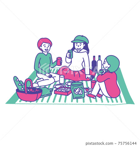 Three-color illustration of three women having a picnic 75756144