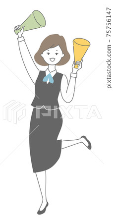 A woman in uniform cheering with a megaphone 75756147
