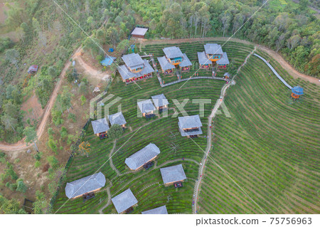 Aerial view of Ban Rak Thai village, chinese hotel resort, Mae Hong Son, Thailand. Nature landscape in travel trip and vacation. 75756963