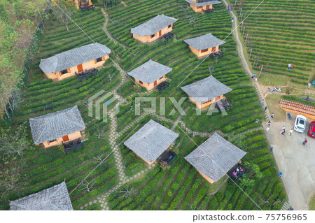 Aerial view of Ban Rak Thai village, chinese hotel resort, Mae Hong Son, Thailand. Nature landscape in travel trip and vacation. 75756965