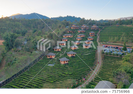 Aerial view of Ban Rak Thai village, chinese hotel resort, Mae Hong Son, Thailand. Nature landscape in travel trip and vacation. 75756966