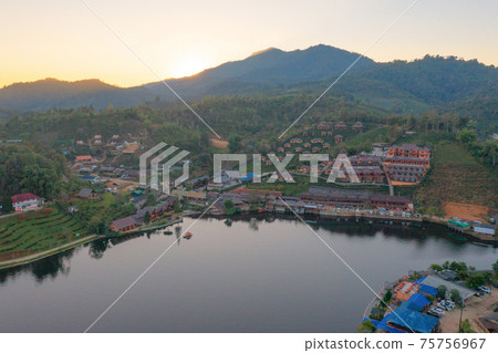 Aerial view of Ban Rak Thai village, chinese hotel resort, Mae Hong Son, Thailand. Nature landscape in travel trip and vacation. 75756967
