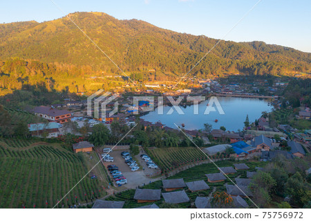 Aerial view of Ban Rak Thai village, chinese hotel resort, Mae Hong Son, Thailand. Nature landscape in travel trip and vacation. 75756972