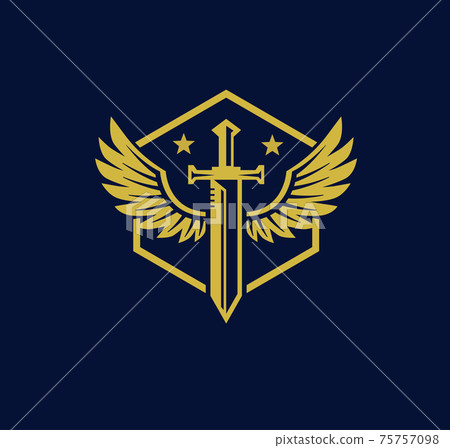 Vector illustration of sword created with bird wings, sword wing gold color, battle and security metaphor symbol 75757098