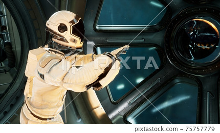 An astronaut in a spaceship is watching through a porthole for an alien, unexplored planet. 3D Rendering. 75757779