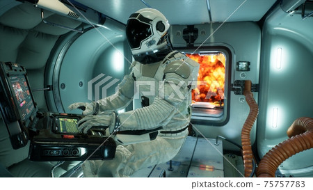 A powerful explosion of fuel occurred on the spacecraft, depressurizing the spacecraft. 3D Rendering. A powerful explosion of fuel occurred on the spacecraft, depressurizing the spacecraft. 3D Rendering. 75757783