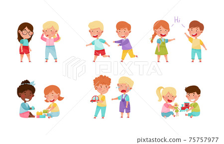 Friendly and Hostile Kids Playing Together Vector Illustrations Set Friendly and Hostile Kids Playing Together Vector Illustrations Set 75757977