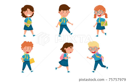 Boy and Girl Characters Wearing School Uniform and Backpack Walking and Running to School Vector Illustration Set 75757979