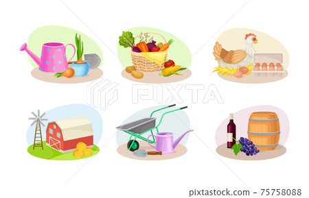 Farming Composition with Agricultural Crops and Farming Inventory Vector Set Farming Composition with Agricultural Crops and Farming Inventory Vector Set 75758088