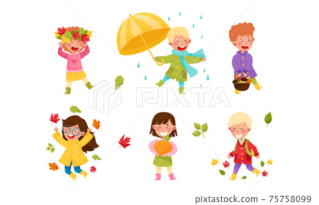 Children Characters Walking with Umbrella Among Autumn Leaves and Picking Mushrooms Vector Illustration Set 75758099