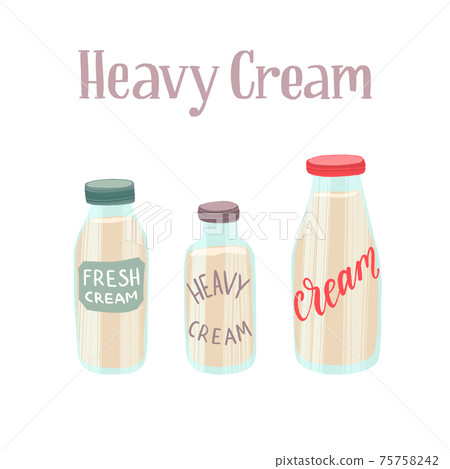 Fresh and tasty heavy cream in the different glass bottles. Healthy nutrition product. Fresh and tasty heavy cream in the different glass bottles. Healthy nutrition product. 75758242