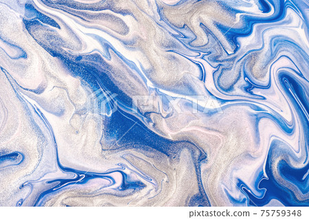 Abstract fluid art background blue and white colors. Liquid marble. Acrylic painting with silver glitter and gradient. 75759348