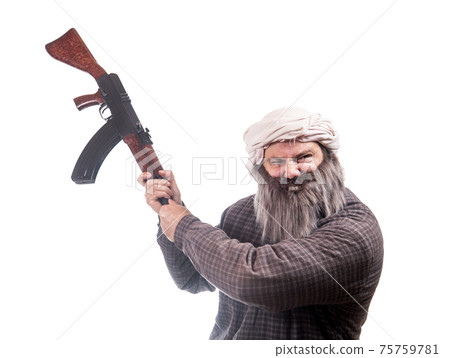 The bearded man attack with kalashnikov isolated on a white background. The bearded man attack with kalashnikov isolated on a white background. 75759781