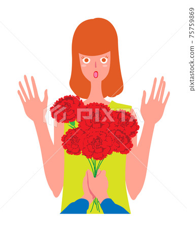A woman surprised by a bouquet of red carnations A woman surprised by a bouquet of red carnations 75759869