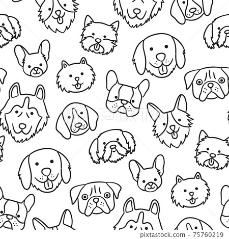 Seamless pattern with heads of different breeds dogs. Corgi, Pug, Chihuahua, Terrier, Husky, Pomeranian. Seamless pattern with heads of different breeds dogs. Corgi, Pug, Chihuahua, Terrier, Husky, Pomeranian. 75760219