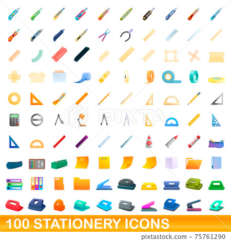 100 stationery icons set, cartoon style 100 stationery icons set, cartoon style 75761290