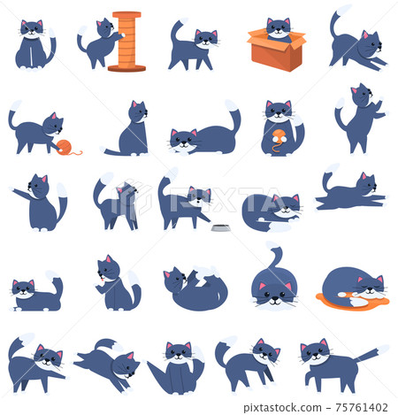 Playful cat icons set, cartoon style Playful cat icons set, cartoon style 75761402