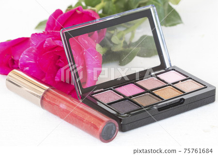 eyes shadow, lipstick beauty skin face cosmetic makeup of lifestyle woman with pink rose eyes shadow, lipstick beauty skin face cosmetic makeup of lifestyle woman with pink rose 75761684