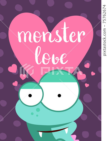 Valentines Day card with heart, cute monster and lettering on circles background Valentines Day card with heart, cute monster and lettering on circles background 75762674