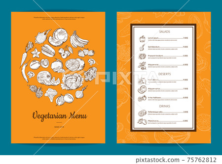 doodle handdrawn fruits and vegetables vegan food menu template with frame 75762812