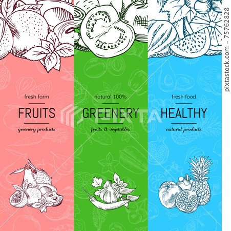 vegan, healthy, organic banner set with doodle sketched fruits and vegetables vegan, healthy, organic banner set with doodle sketched fruits and vegetables 75762828
