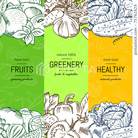 vegan, healthy, organic banner set with doodle sketched fruits and vegetables vegan, healthy, organic banner set with doodle sketched fruits and vegetables 75762829
