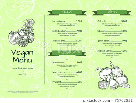 horizontal one page doodle handdrawn fruits and vegetables vegan healthy menu template with ribbons horizontal one page doodle handdrawn fruits and vegetables vegan healthy menu template with ribbons 75762831