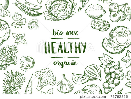 horizontal doodle handdrawn fruits and vegetables vegan, healthy food background horizontal doodle handdrawn fruits and vegetables vegan, healthy food background 75762836