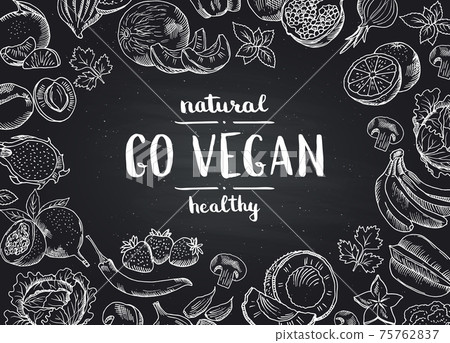 go vegan blackboard background with doodle handdrawn fruits and vegetables go vegan blackboard background with doodle handdrawn fruits and vegetables 75762837