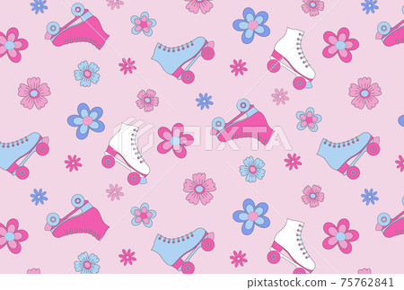 Seamless pattern of retro flowers and roller skates Seamless pattern of retro flowers and roller skates 75762841