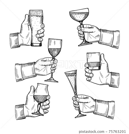 Illustrations of different alcoholic drinking glasses in hands. hand drawn pictures isolate 75763201