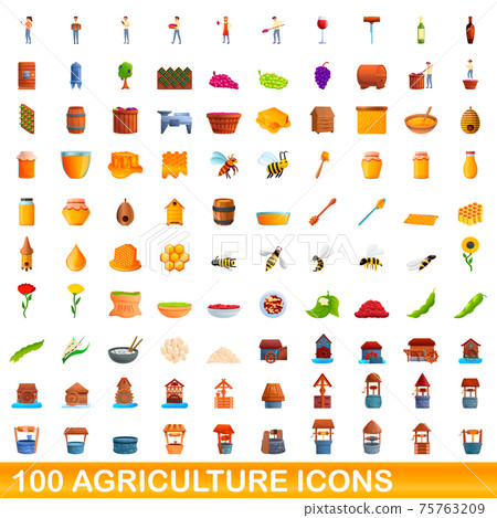 100 agriculture icons set, cartoon style 75763209
