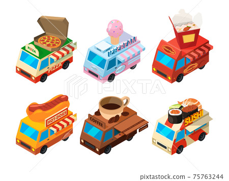 isometric pictures set of different food trucks on the street 75763244