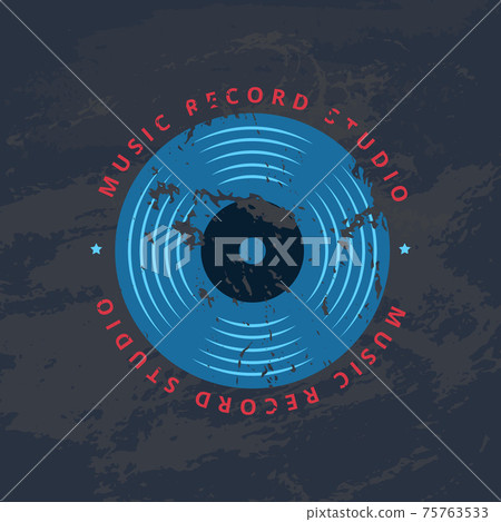 Retro sound record studio, vinyl music shop, club logo, badge with vinyl record Retro sound record studio, vinyl music shop, club logo, badge with vinyl record 75763533