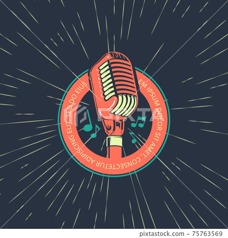 Karaoke music club, bar, audio record studio logo with microphone on vintage Karaoke music club, bar, audio record studio logo with microphone on vintage 75763569