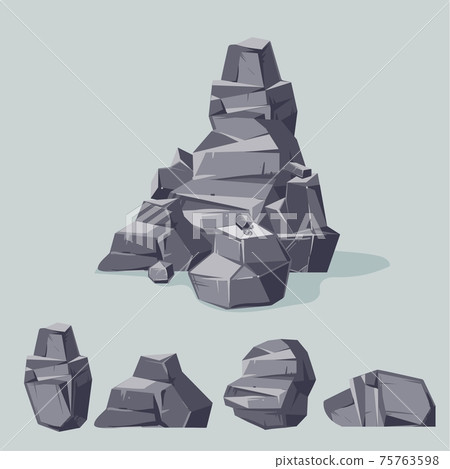 Set of mountain gray rocks. Cartoon isometric 3d flat style. Set of different boulders Set of mountain gray rocks. Cartoon isometric 3d flat style. Set of different boulders 75763598