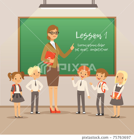 Children with teacher on the lesson in classroom. school background Children with teacher on the lesson in classroom. school background 75763697