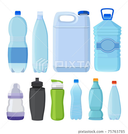Glass and plastic bottles of different types for alcohol and water 75763785