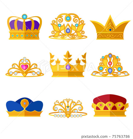 Princess diadems and golden crowns of kings and queens. set isolate on white 75763786