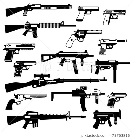 Military set of automatic guns, pistols and other weapons. Monochrome illustrations isolate Military set of automatic guns, pistols and other weapons. Monochrome illustrations isolate 75763816